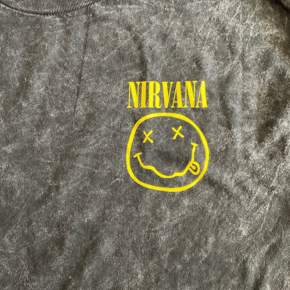 NEW Nirvana Acid Wash Black Small Graphic Crewneck Short Sleeve Tee - Picture 2 of 4